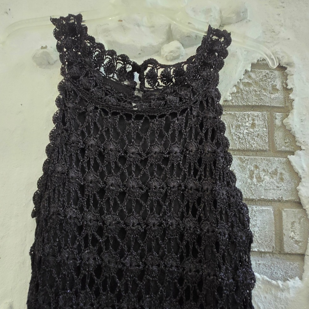 INC Black Crochet Knit Sleeveless Midi Sheath Dress Scalloped Hem LBD Boho Chic